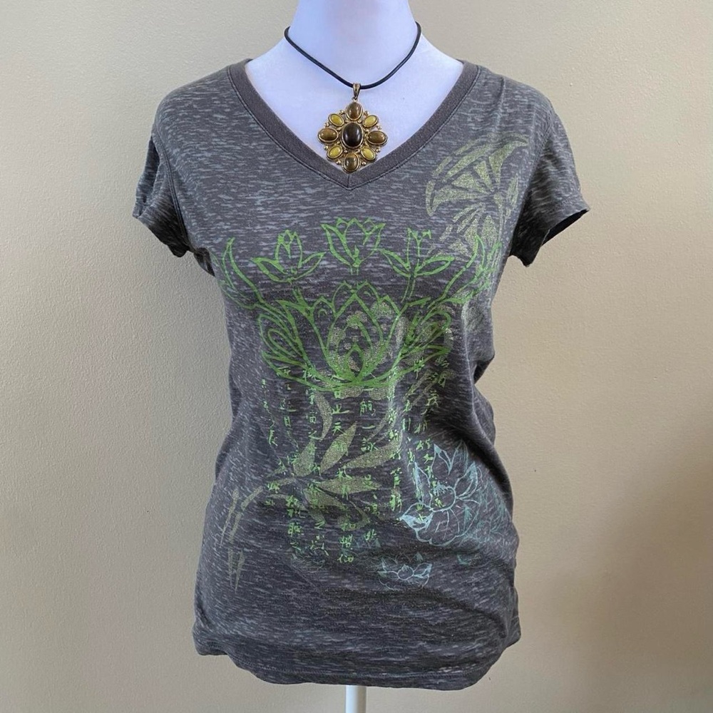 Eco Yoga Grey & Green Boho Earthy Lotus Flower Graphic Tee Sz M